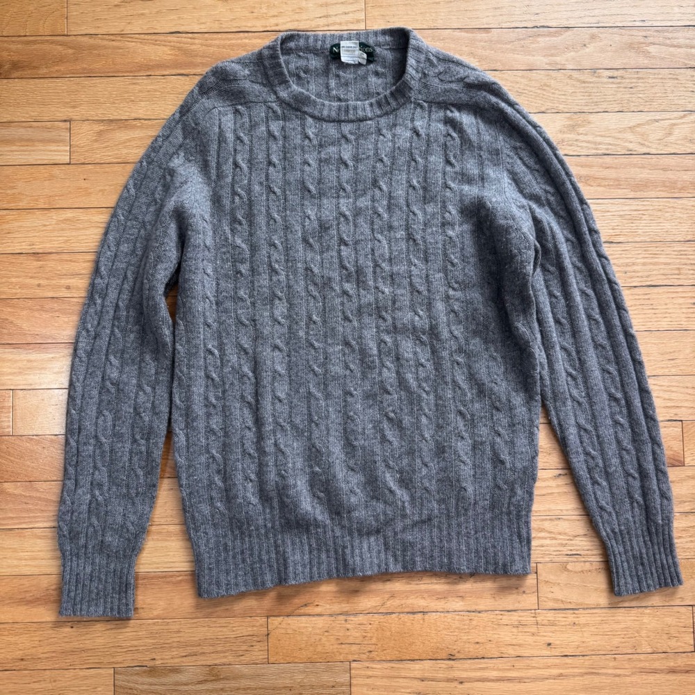 New Traditions Mens Gray 100% Cashmere Cable Knit Crewneck Sweater Size Medium
